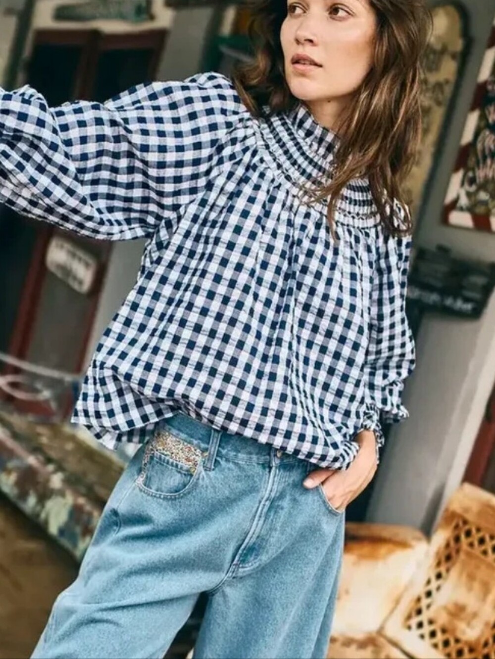 Hunter Bell Hayes Smocked High-Neck Gingham Blouse - Navy/White XSmall - Picture 2 of 12